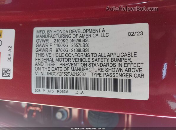 1HGCY2F52PA012032 2023 HONDA ACCORD Red ძრავის განყოფილების ხედი
