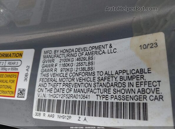 1HGCY2F52RA010641 2024 HONDA ACCORD Gray Вид підкапотного простору