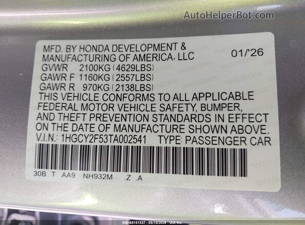 1HGCY2F53TA002541 2026 HONDA ACCORD Silver Widok komory silnika