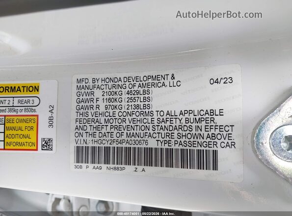 1HGCY2F54PA030676 2023 HONDA ACCORD White Շարժիչի բաժամունքի տեսք