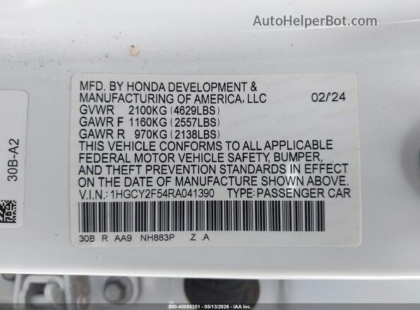 1HGCY2F54RA041390 2024 HONDA ACCORD White Widok komory silnika