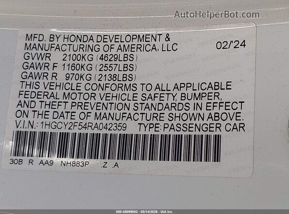 1HGCY2F54RA042359 2024 HONDA ACCORD HYBRID White Widok komory silnika
