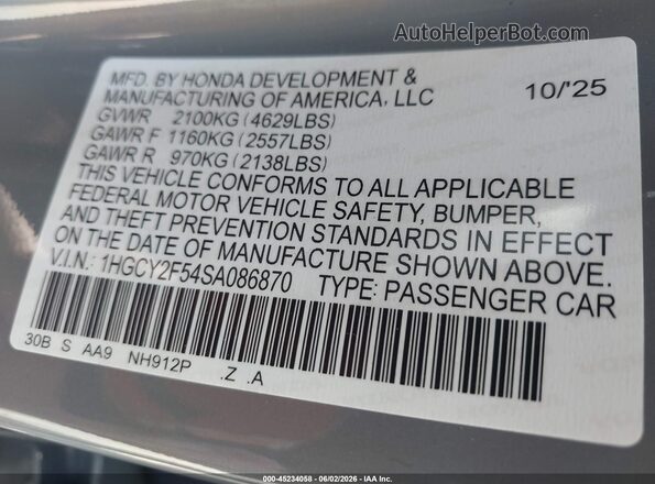 1HGCY2F54SA086870 2025 HONDA ACCORD Gray ძრავის განყოფილების ხედი