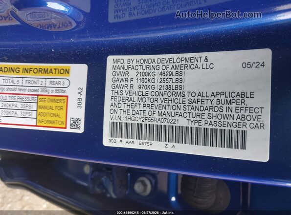 1HGCY2F55RA070221 2024 HONDA ACCORD Blue Widok komory silnika