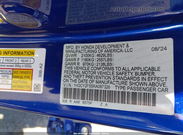 1HGCY2F55RA087326 2024 HONDA ACCORD Blue ძრავის განყოფილების ხედი