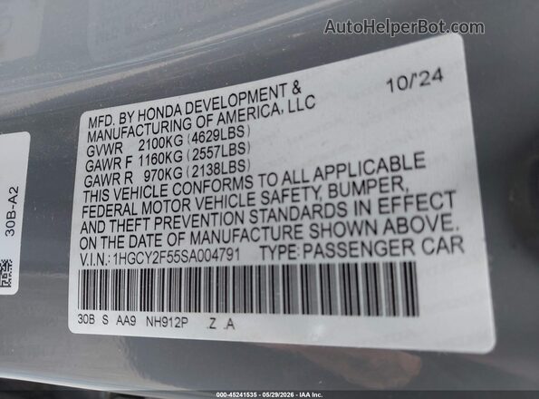 1HGCY2F55SA004791 2025 HONDA ACCORD Blue Vista del compartimento del motor