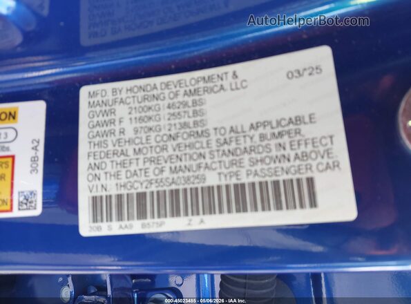 1HGCY2F55SA038259 2025 HONDA ACCORD Blue Engine compartment view