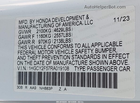 1HGCY2F57RA019108 2024 HONDA ACCORD White ძრავის განყოფილების ხედი