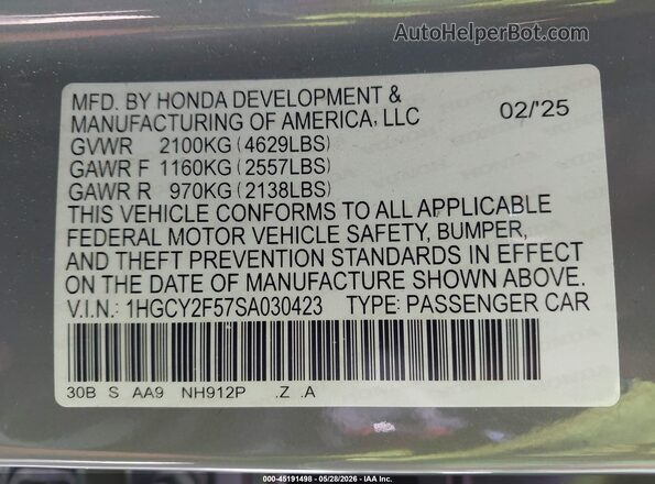 1HGCY2F57SA030423 2025 HONDA ACCORD Gray Engine compartment view