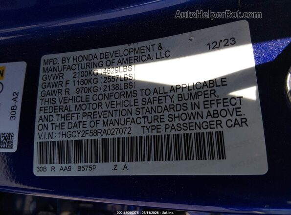 1HGCY2F58RA027072 2024 HONDA ACCORD Blue Vista del compartimento del motor