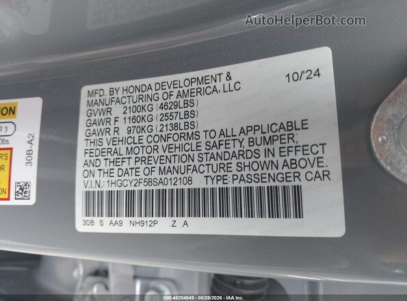 1HGCY2F58SA012108 2025 HONDA ACCORD Gray Շարժիչի բաժամունքի տեսք