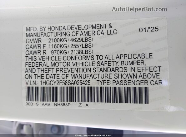 1HGCY2F58SA025425 2025 HONDA ACCORD Белый Вид подкапотного пространства
