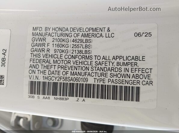 1HGCY2F58SA060109 2025 HONDA ACCORD HYBRID White 