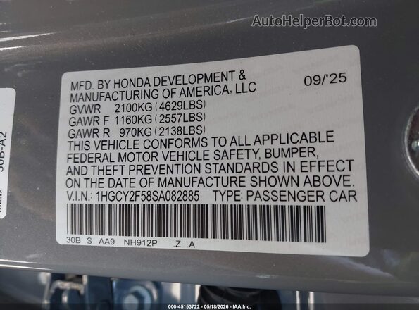 1HGCY2F58SA082885 2025 HONDA ACCORD Gray ძრავის განყოფილების ხედი