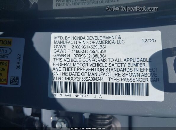 1HGCY2F58SA094244 2025 HONDA ACCORD Gray ძრავის განყოფილების ხედი