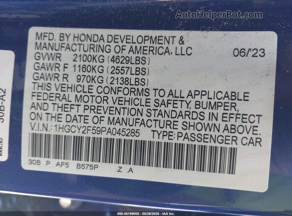 1HGCY2F59PA045285 2023 HONDA ACCORD Blue Вид підкапотного простору