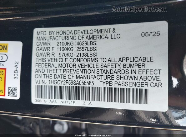1HGCY2F59SA056585 2025 HONDA ACCORD Black Вид підкапотного простору