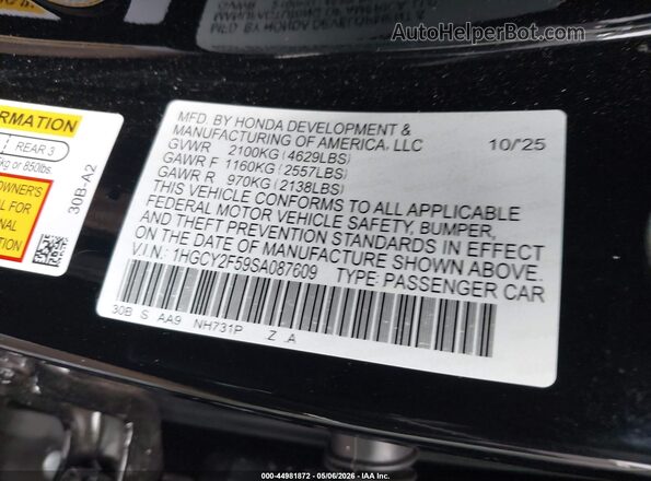 1HGCY2F59SA087609 2025 HONDA ACCORD HYBRID Black Engine compartment view