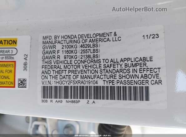 1HGCY2F5XRA019104 2024 HONDA ACCORD Белый Вид подкапотного пространства