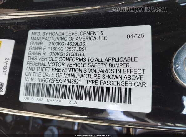 1HGCY2F5XSA048821 2025 HONDA ACCORD Black Vista del compartimento del motor