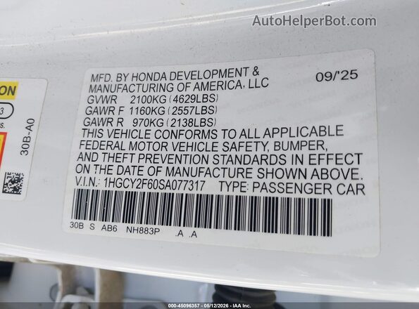 1HGCY2F60SA077317 2025 HONDA ACCORD White Vista del compartimento del motor