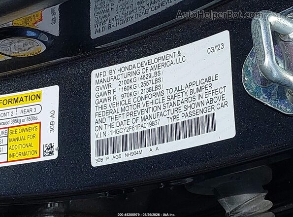 1HGCY2F61PA019837 2023 HONDA ACCORD Gray Շարժիչի բաժամունքի տեսք