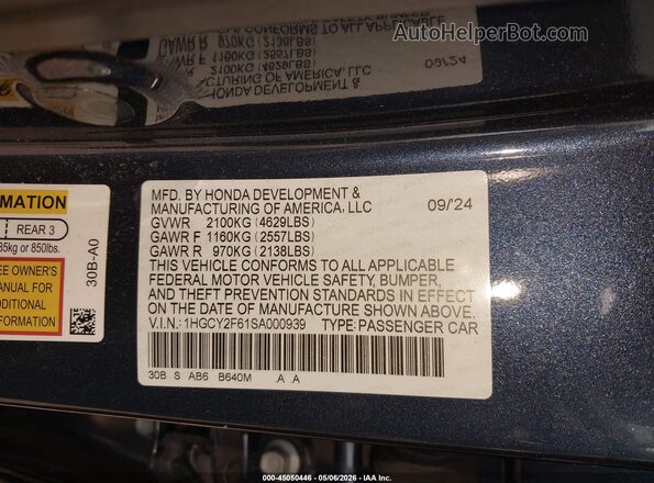 1HGCY2F61SA000939 2025 HONDA ACCORD Black Widok komory silnika