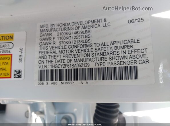 1HGCY2F61SA062129 2025 HONDA ACCORD White Engine compartment view