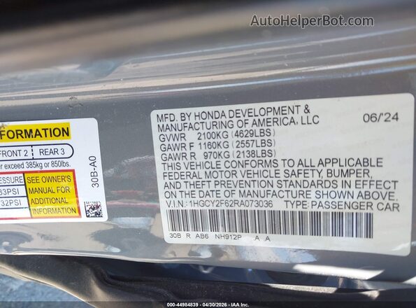 1HGCY2F62RA073036 2024 HONDA ACCORD Gray ძრავის განყოფილების ხედი