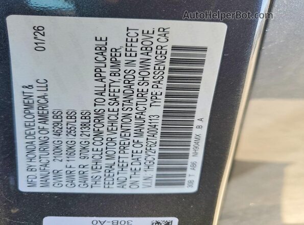 1HGCY2F62TA004113 2026 HONDA ACCORD Gray VIN კოდის სტიკერის ხედი