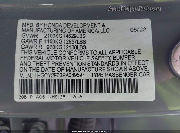 1HGCY2F63PA049597 2023 HONDA ACCORD Gray Շարժիչի բաժամունքի տեսք