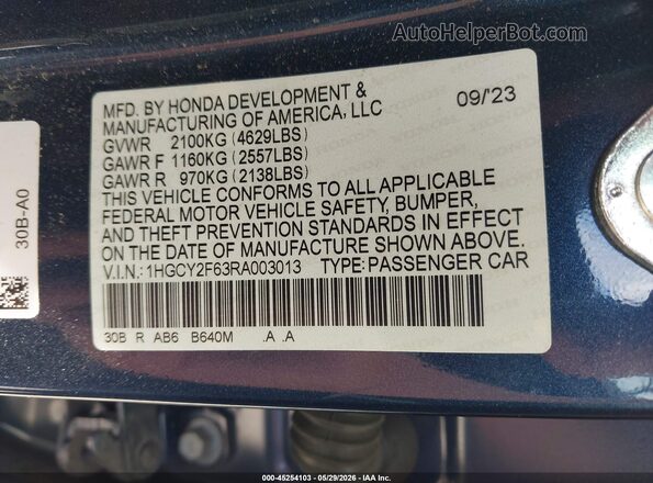 1HGCY2F63RA003013 2024 HONDA ACCORD Dark Blue Engine compartment view