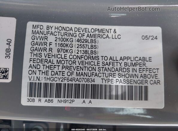1HGCY2F64RA070834 2024 HONDA ACCORD Gray Vista del compartimento del motor