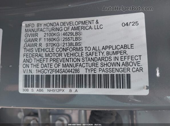 1HGCY2F64SA044286 2025 HONDA ACCORD Серый Вид подкапотного пространства
