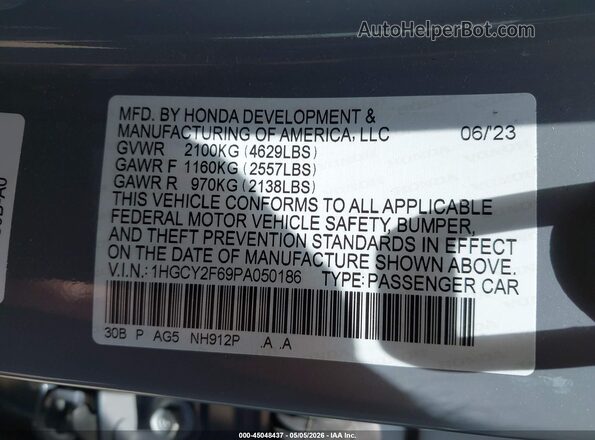 1HGCY2F69PA050186 2023 HONDA ACCORD HYBRID Gray 