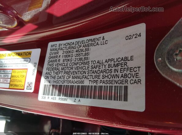 1HGCY2F70RA045986 2024 HONDA ACCORD Красный Вид подкапотного пространства