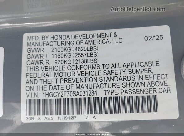 1HGCY2F70SA031284 2025 HONDA ACCORD Gray Widok komory silnika