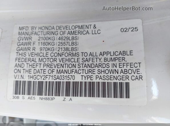 1HGCY2F71SA031570 2025 HONDA ACCORD White Widok komory silnika