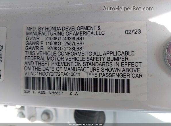 1HGCY2F72PA010041 2023 HONDA ACCORD White Вид підкапотного простору