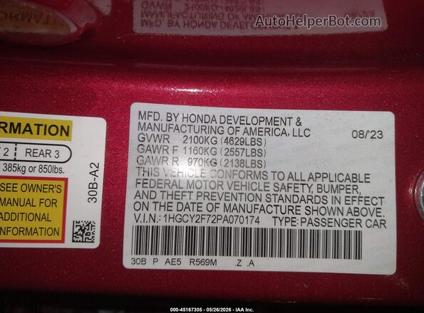 1HGCY2F72PA070174 2023 HONDA ACCORD Red Вид підкапотного простору