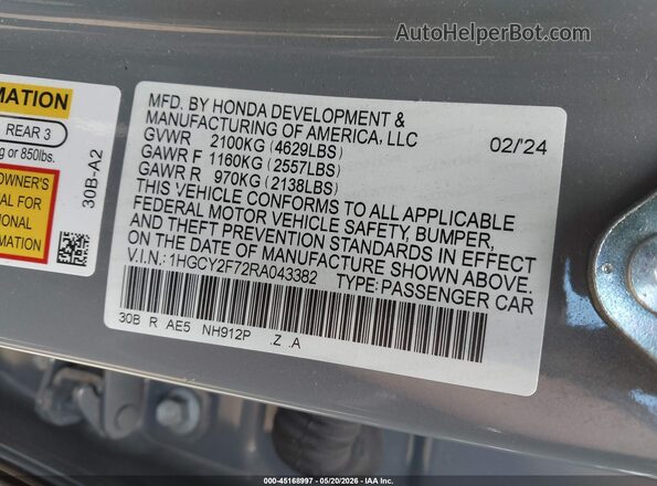 1HGCY2F72RA043382 2024 HONDA ACCORD Gray ძრავის განყოფილების ხედი