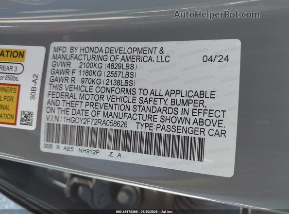 1HGCY2F72RA058626 2024 HONDA ACCORD Gray Vista del compartimento del motor
