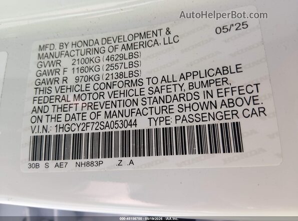 1HGCY2F72SA053044 2025 HONDA ACCORD White Widok komory silnika