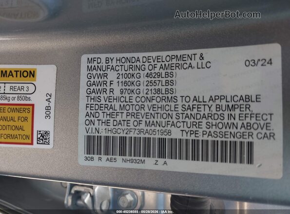 1HGCY2F73RA051958 2024 HONDA ACCORD Silver Вид підкапотного простору