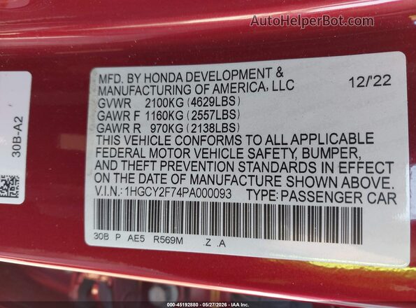 1HGCY2F74PA000093 2023 HONDA ACCORD HYBRID Red Engine compartment view