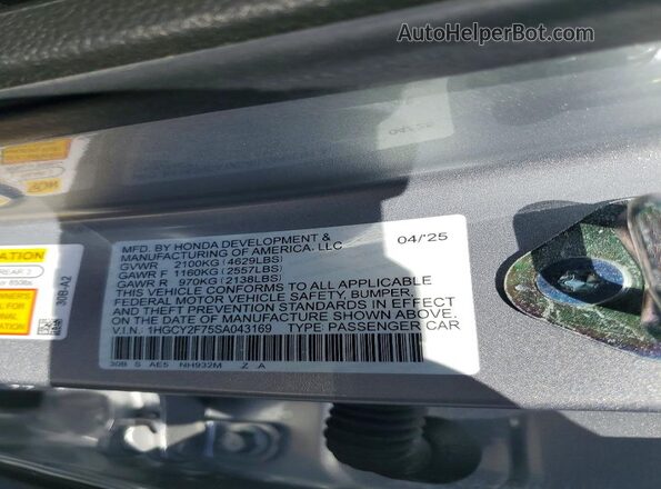 1HGCY2F75SA043169 2025 HONDA ACCORD Silver Vista de la etiqueta del VIN