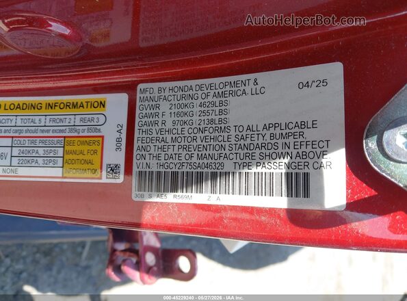 1HGCY2F75SA046329 2025 HONDA ACCORD Burgundy Շարժիչի բաժամունքի տեսք