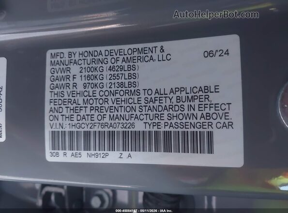 1HGCY2F76RA073226 2024 HONDA ACCORD Gray Вид підкапотного простору