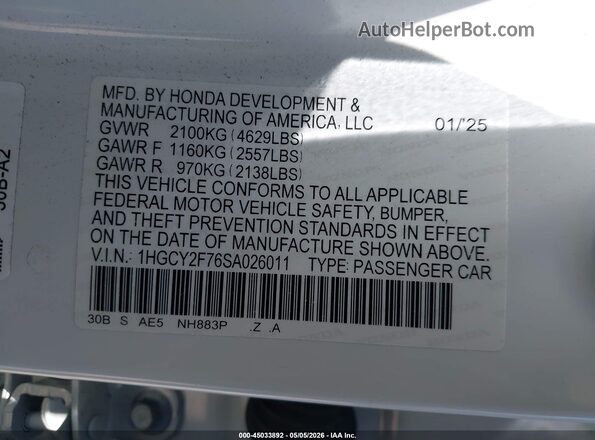 1HGCY2F76SA026011 2025 HONDA ACCORD White Engine compartment view