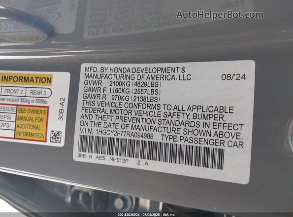 1HGCY2F77RA094988 2024 HONDA ACCORD Gray Engine compartment view